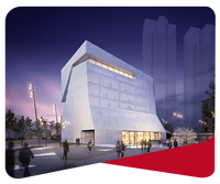 Render de edificio moderno de varias plantas y blanco